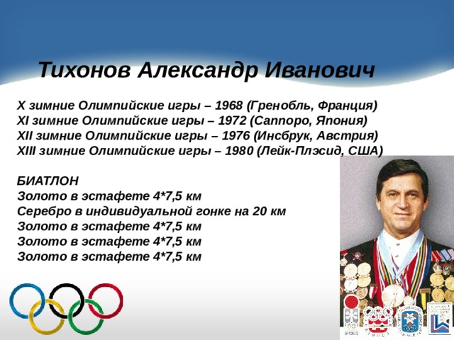 Тихонов Александр Иванович  X зимние Олимпийские игры – 1968 (Гренобль, Франция) XI зимние Олимпийские игры – 1972 (Саппоро, Япония) XII зимние Олимпийские игры – 1976 (Инсбрук, Австрия) XIII зимние Олимпийские игры – 1980 (Лейк-Плэсид, США)  БИАТЛОН Золото в эстафете 4*7,5 км Серебро в индивидуальной гонке на 20 км Золото в эстафете 4*7,5 км Золото в эстафете 4*7,5 км Золото в эстафете 4*7,5 км 