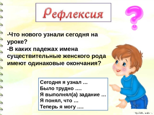 -Что нового узнали сегодня на уроке? -В каких падежах имена существительные женского рода имеют одинаковые окончания? Сегодня я узнал … Было трудно …. Я выполнял(а) задание … Я понял, что … Теперь я могу …. 