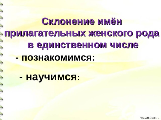 Склонение имён прилагательных женского рода в единственном числе   - познакомимся: - научимся : 