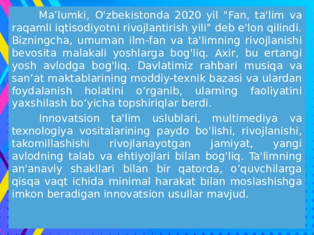  Maʼlumki,  O'zbekistonda 2020 yil 