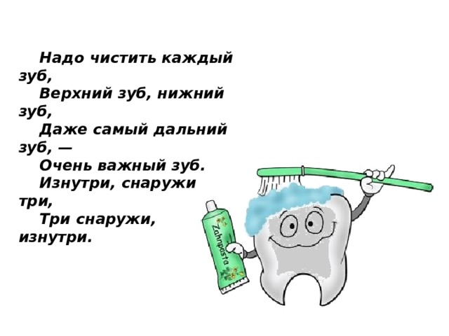  Надо чистить каждый зуб,      Верхний зуб, нижний зуб,      Даже самый дальний зуб, —      Очень важный зуб.      Изнутри, снаружи три,      Три снаружи, изнутри.  