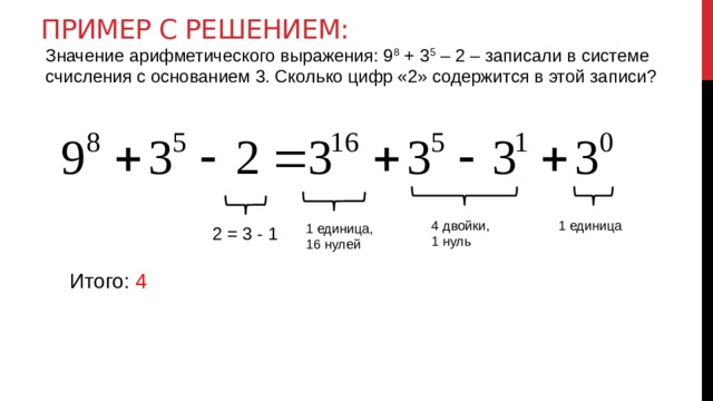 Пример с решением: Значение арифметического выражения: 9 8 + 3 5 – 2 – записали в системе счисления с основанием 3. Сколько цифр «2» содержится в этой записи? 4 двойки, 1 нуль 1 единица 1 единица, 16 нулей 2 = 3 - 1 Итого: 4 