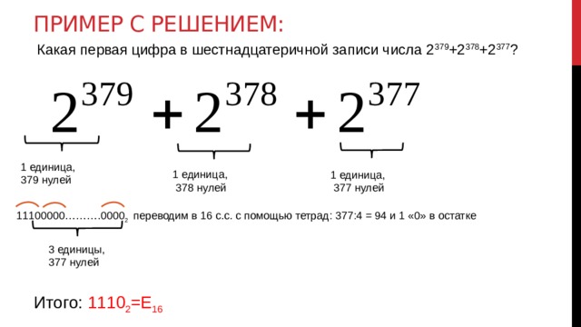 Пример с решением: Какая первая цифра в шестнадцатеричной записи числа 2 379 +2 378 +2 377 ? 1 единица, 379 нулей 1 единица,  378 нулей 1 единица,  377 нулей 11100000……….0000 2 переводим в 16 с.с. с помощью тетрад: 377:4 = 94 и 1 «0» в остатке 3 единицы, 377 нулей Итого: 1110 2 =E 16 