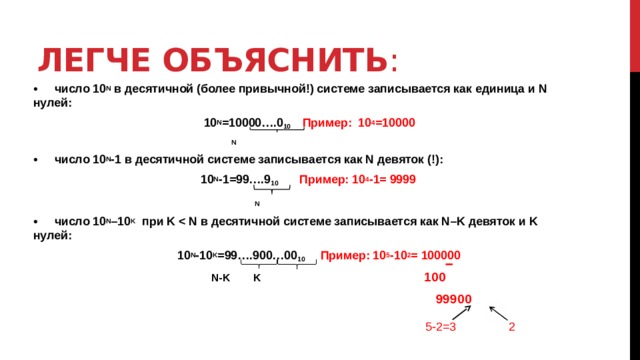 Легче объяснить : •  число 10 N в десятичной (более привычной!) системе записывается как единица и N нулей:  10 N =10000….0 10 Пример: 10 4 =10000  N •  число 10 N -1 в десятичной системе записывается как N девяток (!):  10 N -1=99….9 10 Пример: 10 4 -1= 9999   N •  число 10 N –10 K при K   10 N -10 K =99….900…00 10 Пример: 10 5 -10 2 = 100000   N-K K 100  99900  5-2=3 2 