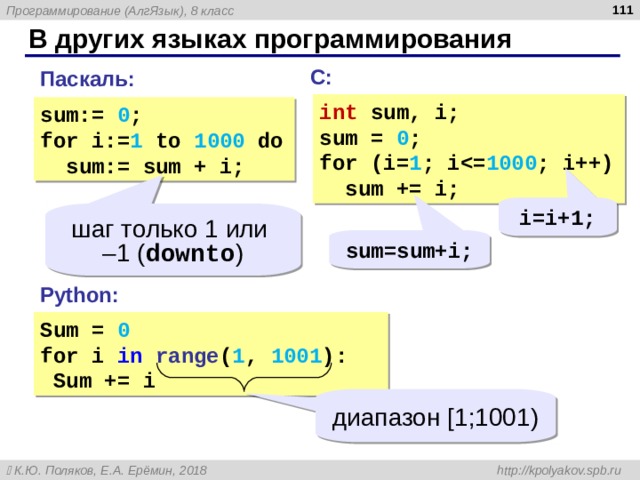  В других языках программирования С : Паскаль : int sum, i; sum = 0 ; for (i= 1 ; i 1000 ; i++)  sum += i; sum:=  0 ; for i:= 1 to 1000 do  sum:=  sum  +  i; i=i+1; шаг только 1 или  –1 ( downto ) sum=sum+i; Python: Sum  =  0 for i in  range ( 1 , 1001 ):  S um  +=  i диапазон [1;1001) 