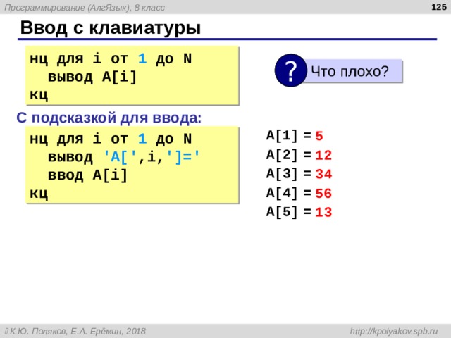  Ввод с клавиатуры нц для i от 1 до N  вывод A[i] кц ?  Что плохо? С подсказкой для ввода: A[1]  =  A[2]  =  A[3]  =  A[4]  =  A[5]  =  5 12 34 56 13 нц для i от 1 до N  вывод ' A[ ' ,i, ' ]= '  ввод A[i] кц 