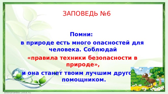   ЗАПОВЕДЬ №6 Помни: в природе есть много опасностей для человека. Соблюдай «правила техники безопасности в природе»,  и она станет твоим лучшим другом и помощником. 