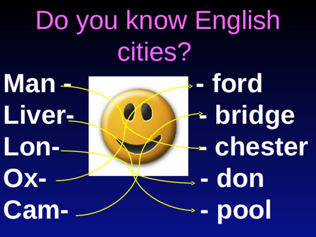 Do you know English cities? Man - - ford Liver- - bridge Lon- - chester Ox- - don Cam- - pool 