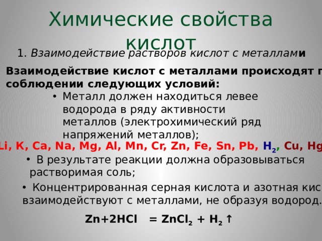 Активность металлов с кислотами