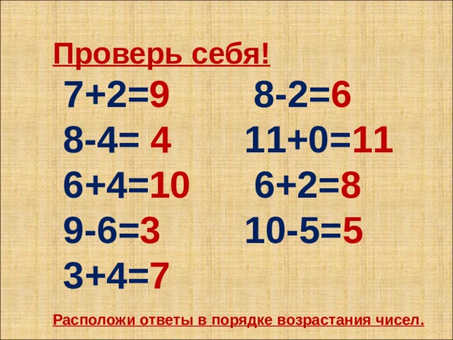 Проверь себя!  7+2= 9 8-2= 6  8-4= 4 11+0= 11  6+4= 10 6+2= 8  9-6= 3 10-5= 5  3+4= 7 Расположи ответы в порядке возрастания чисел. 