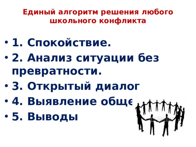 Единый алгоритм решения любого школьного конфликта   1. Спокойствие. 2. Анализ ситуации без превратности. 3. Открытый диалог 4. Выявление общей цели 5. Выводы 