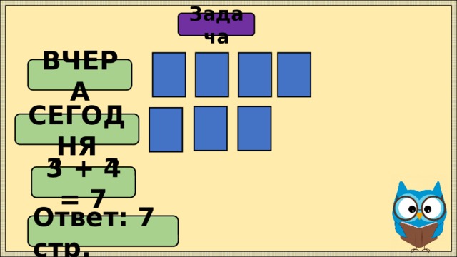 Задача ВЧЕРА СЕГОДНЯ 4 + 3 = 7 3 + 4 = 7 Ответ: 7 стр. 