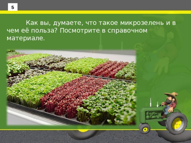 5  Как вы, думаете, что такое микрозелень и в чем её польза? Посмотрите в справочном материале. 
