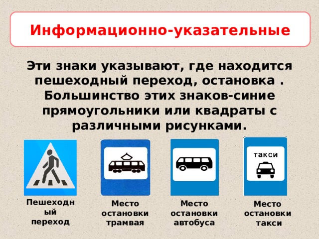 Информационно-указательные Эти знаки указывают, где находится пешеходный переход, остановка . Большинство этих знаков-синие прямоугольники или квадраты с различными рисунками.  Пешеходный переход Место остановки трамвая Место остановки автобуса Место остановки такси 