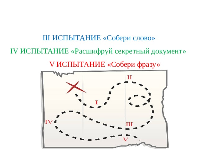 III ИСПЫТАНИЕ «Собери слово» IV ИСПЫТАНИЕ «Расшифруй секретный документ» V ИСПЫТАНИЕ «Собери фразу» 