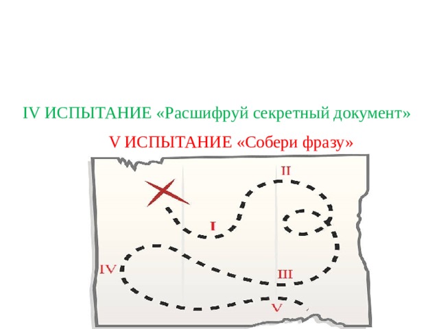 IV ИСПЫТАНИЕ «Расшифруй секретный документ» V ИСПЫТАНИЕ «Собери фразу» 