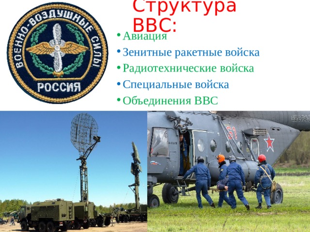 Структура ВВС: Авиация Зенитные ракетные войска Радиотехнические войска Специальные войска Объединения ВВС 
