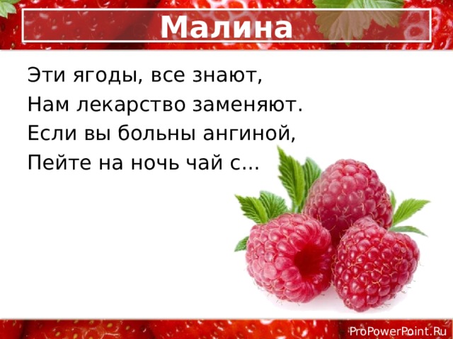 Малина Эти ягоды, все знают, Нам лекарство заменяют. Если вы больны ангиной, Пейте на ночь чай с... 