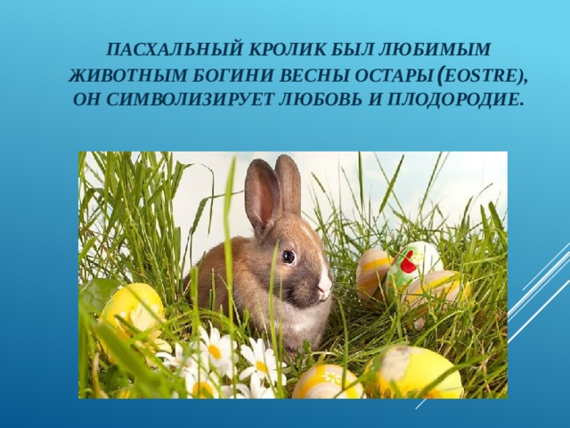 Пасхальный кролик был любимым животным богини Весны Остары  ( Eostre), он символизирует любовь и плодородие. 
