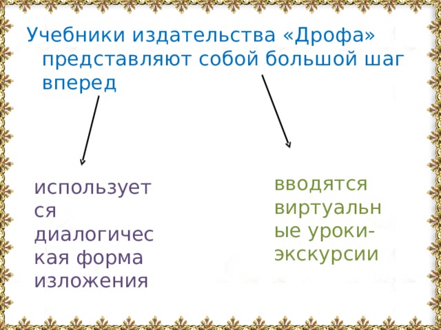 Учебники издательства «Дрофа» представляют собой большой шаг вперед вводятся виртуальные уроки-экскурсии используется диалогическая форма изложения 
