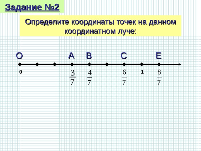 Задание №2 Определите координаты точек на данном координатном луче: С Е О В А 0 1 
