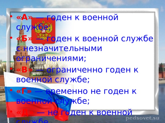 «А» — годен к военной службе; «Б» — годен к военной службе с незначительными ограничениями; «В» — ограниченно годен к военной службе; «Г» — временно не годен к военной службе; «Д» — не годен к военной службе. 