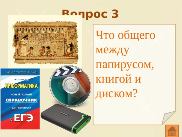 Вопрос 3 Что общего между папирусом, книгой и диском? 