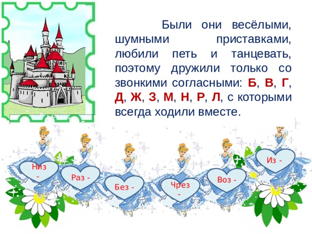  В одном из городов страны Морфемики жили сестры .  Были они весёлыми, шумными приставками, любили петь и танцевать, поэтому дружили только со звонкими согласными: Б , В , Г , Д , Ж , З , М , Н , Р , Л , с которыми всегда ходили вместе. Из -  Низ -  Раз -  Воз -  Без -  Чрез -  