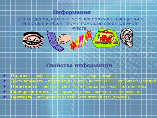 Информация   это сведения, которые человек получает в общении с природой и обществом с помощью своих органов чувств. Свойства информации 
