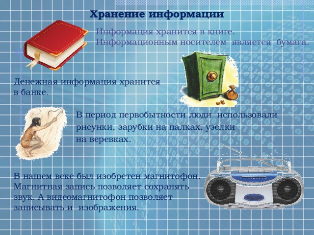 Хранение информации Информация хранится в книге. Информационным носителем является бумага. Денежная информация хранится в банке . В период первобытности люди использовали рисунки, зарубки на палках, узелки на веревках. В нашем веке был изобретен магнитофон. Магнитная запись позволяет сохранять звук. А видеомагнитофон позволяет записывать и изображения. 