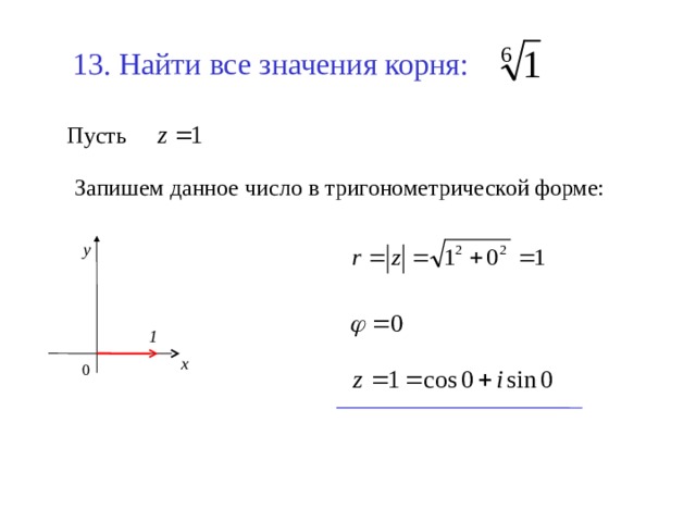 13. Найти все значения корня:  Пусть  Запишем данное число в тригонометрической форме: у 1 х 0 