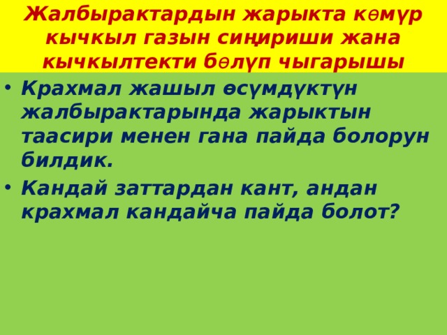 Жалбырактардын жарыкта к ө мүр кычкыл газын сиңириши жана  кычкылтекти б ө лүп чыгарышы Крахмал жашыл өсүмдүктүн жалбырактарында жарыктын таасири менен гана пайда болорун билдик. Кандай заттардан кант, андан крахмал кандайча пайда болот? 