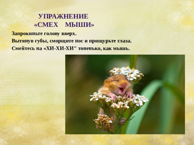    Запрокиньте голову вверх. Вытянув губы, сморщите нос и прищурьте глаза. Смейтесь на «ХИ-ХИ-ХИ
