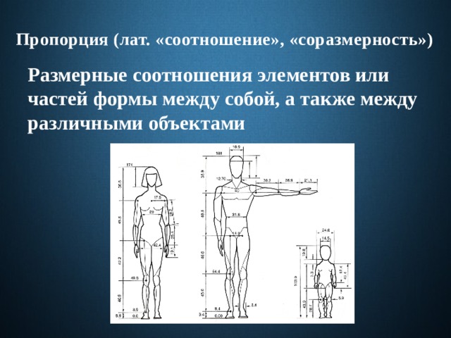 Пропорция (лат. «соотношение», «соразмерность»)  Размерные соотношения элементов или частей формы между собой, а также между различными объектами 