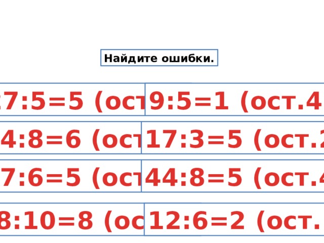 Найдите ошибки. 27:5=5 (ост.2) 9:5=1 (ост.4) 54:8=6 (ост.7) 17:3=5 (ост.2) 37:6=5 (ост.7) 44:8=5 (ост.4) 98:10=8 (ост.9) 12:6=2 (ост.1) 