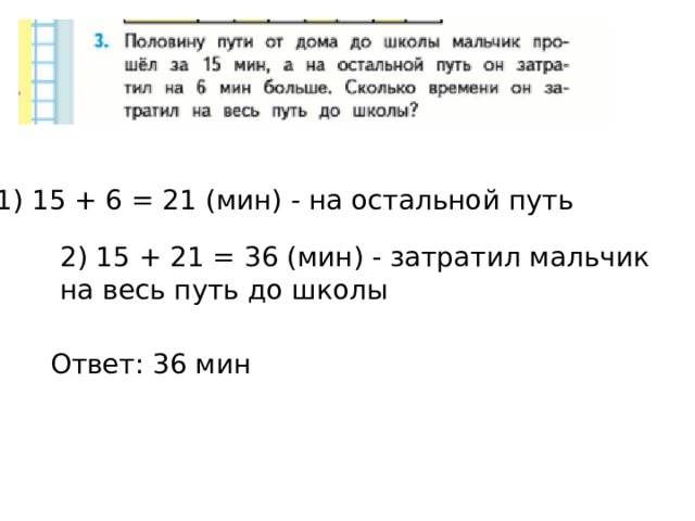 1) 15 + 6 = 21 (мин) - на остальной путь 2) 15 + 21 = 36 (мин) - затратил мальчик на весь путь до школы Ответ: 36 мин 