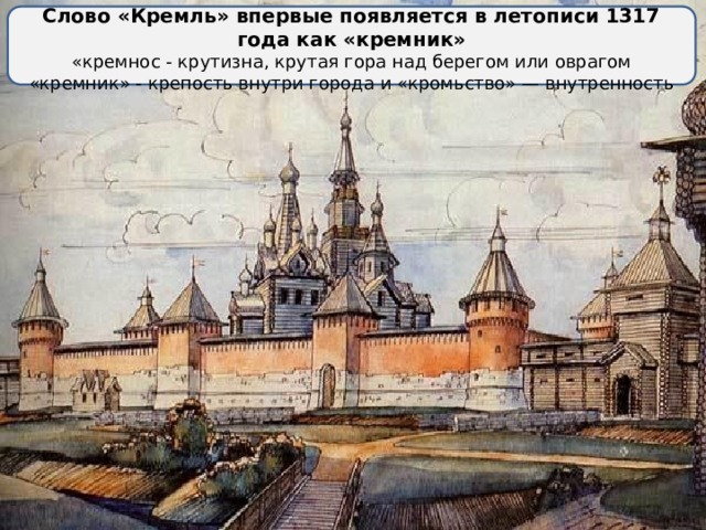   Слово «Кремль» впервые появляется в летописи 1317 года как «кремник» «кремнос - крутизна, крутая гора над берегом или оврагом «кремник» - крепость внутри города и «кромьство» — внутренность  