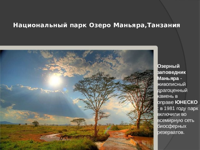   Национальный парк Озеро Маньяра,Танзания   Озерный заповедник Маньяра  - живописный драгоценный камень в оправе  ЮНЕСКО : в 1981 году парк включили во всемирную сеть биосферных резерватов. 