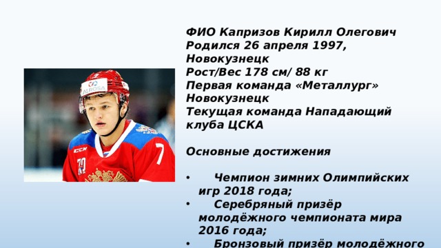 ФИО Капризов Кирилл Олегович Родился 26 апреля 1997, Новокузнецк Рост/Вес 178 см/ 88 кг Первая команда «Металлург» Новокузнецк Текущая команда Нападающий клуба ЦСКА  Основные достижения   Чемпион зимних Олимпийских игр 2018 года;  Серебряный призёр молодёжного чемпионата мира 2016 года;  Бронзовый призёр молодёжного чемпионата мира 2017 года. 
