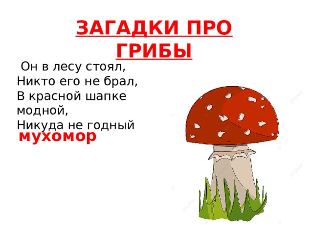 ЗАГАДКИ ПРО ГРИБЫ   Он в лесу стоял,  Никто его не брал,  В красной шапке модной,  Никуда не годный мухомор 