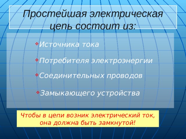 Простейшая электрическая цепь состоит из:   Источника тока Потребителя электроэнергии Соединительных проводов Замыкающего устройства Чтобы в цепи возник электрический ток, она должна быть замкнутой! 