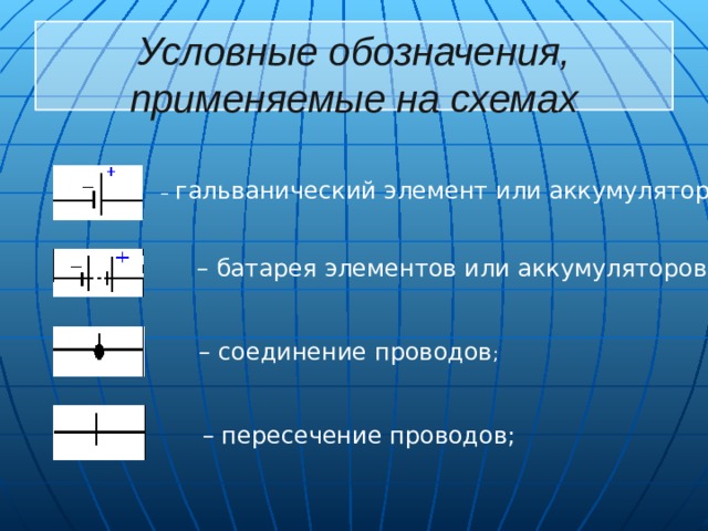 Условные обозначения, применяемые на схемах  – гальванический элемент или аккумулятор ;  – батарея элементов или аккумуляторов ;  – соединение проводов ;  – пересечение проводов; 