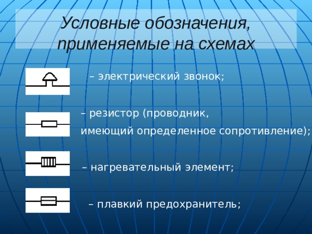 Условные обозначения, применяемые на схемах – электрический звонок; – резистор (проводник, имеющий определенное сопротивление); – нагревательный элемент; – плавкий предохранитель; 