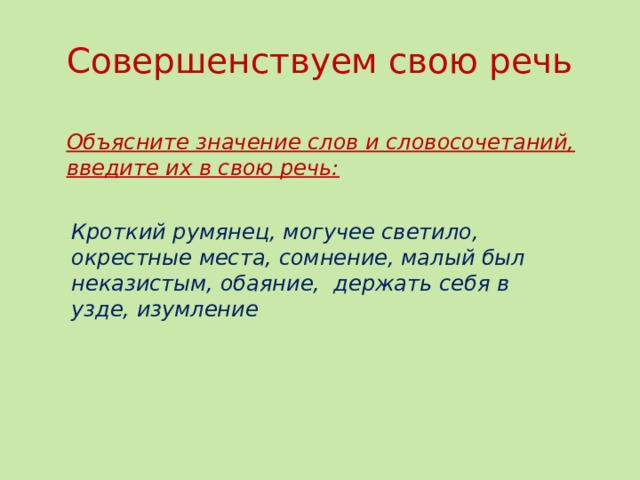 Совершенствуем свою речь Объясните значение слов и словосочетаний, введите их в свою речь: Кроткий румянец, могучее светило, окрестные места, сомнение, малый был неказистым, обаяние, держать себя в узде, изумление Кроткий румянец, могучее светило,  