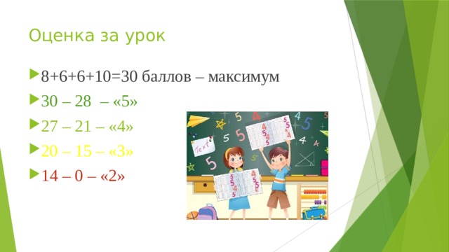 Оценка за урок 8+6+6+10=30 баллов – максимум 30 – 28 – «5» 27 – 21 – «4» 20 – 15 – «3» 14 – 0 – «2» 