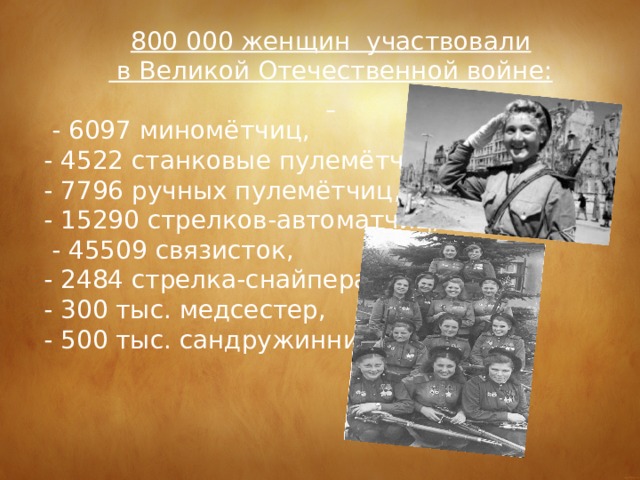 800 000 женщин участвовали  в Великой Отечественной войне:   - 6097 миномётчиц, - 4522 станковые пулемётчицы, - 7796 ручных пулемётчиц, - 15290 стрелков-автоматчиц,  - 45509 связисток, - 2484 стрелка-снайпера, - 300 тыс. медсестер, - 500 тыс. сандружинниц.  