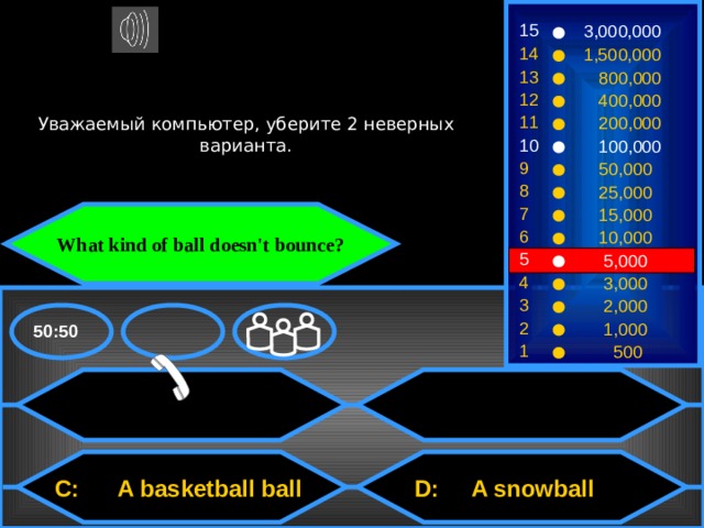 15 3,000,000 14 1,500,000 13  800,000 12  400,000 Уважаемый компьютер, уберите 2 неверных варианта. 11  200,000 10  100,000 9  50,000 8  25,000 7  15,000 What kind of ball doesn't bounce? 6  10,000 5  5,000 4  3,000 3  2,000 2  1,000 50:50 1  500  D: A snowball  C: A basketball ball 