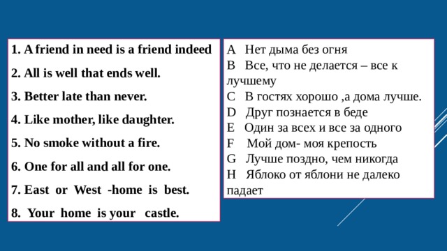 A Нет дыма без огня 1. A friend in need is a friend indeed 2. All is well that ends well. B Все, что не делается – все к лучшему 3. Better late than never. C В гостях хорошо ,а дома лучше. 4. Like mother, like daughter. D Друг познается в беде 5. No smoke without a fire. E Один за всех и все за одного 6. One for all and all for one. F Мой дом- моя крепость 7.  East or West -home is best. G Лучше поздно, чем никогда 8. Your home is your castle. H Яблоко от яблони не далеко падает 