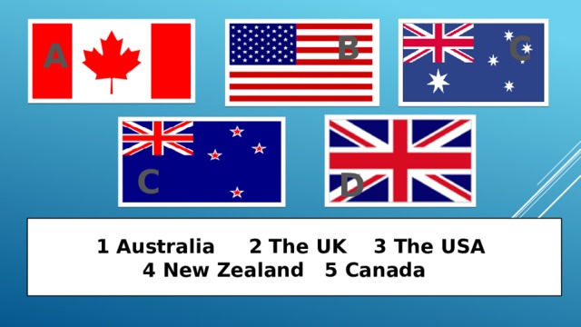 B C A C D 1 Australia 2 The UK 3 The USA  4 New Zealand 5 Canada 