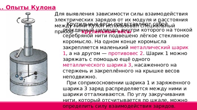 1. Опыты Кулона Для выявления зависимости силы взаимодействия электрических зарядов от их модуля и расстояния между ними Кулон использовал специальный прибор — крутильные весы Крутильные весы представляют собой стеклянный цилиндр, внутри которого на тонкой серебряной нити подвешено лёгкое стеклянное коромысло. На одном конце коромысла закрепляется маленький металлический шарик 1 , а на другом — противовес 2 . Шарик 1 можно заряжать с помощью ещё одного металлического шарика 3 , насаженного на стержень и закреплённого на крышке весов неподвижно. При соприкосновении шарика 1 и заряженного шарика 3 заряд распределяется между ними и шарики отталкиваются. По углу закручивания нити, который отсчитывается по шкале, можно определить силу взаимодействия зарядов.  